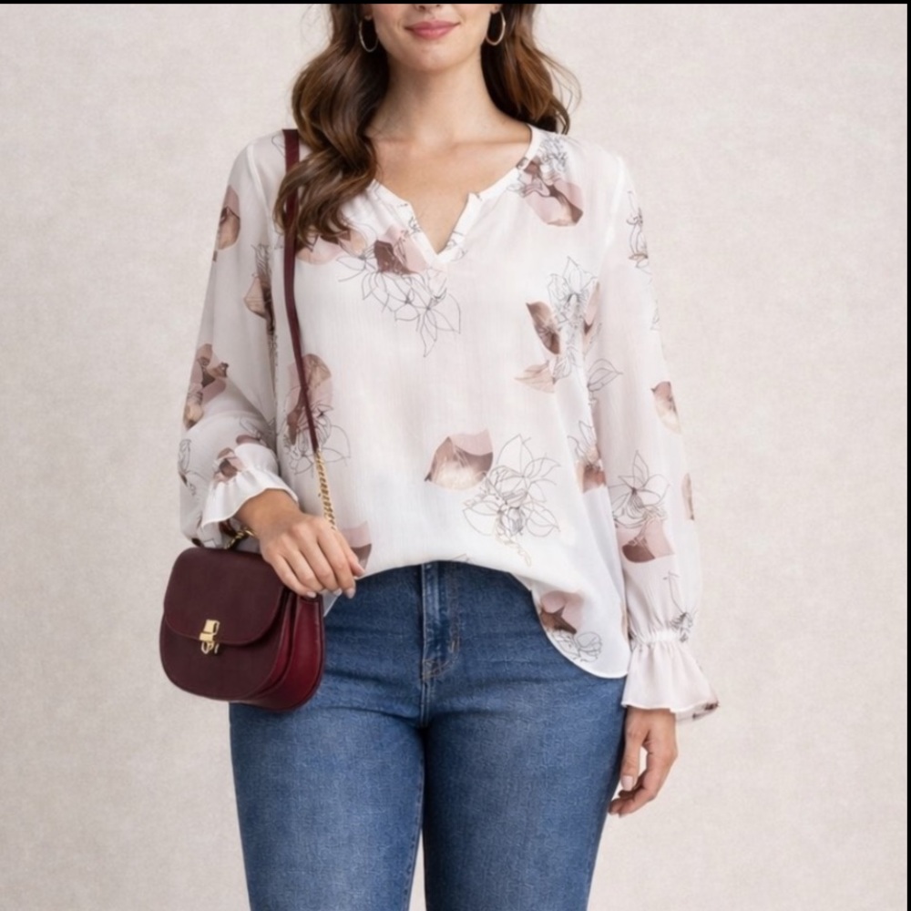 NWT Alfani long sleeve layered blouse bell sleeve ivory pink brown Plus Sz 2X